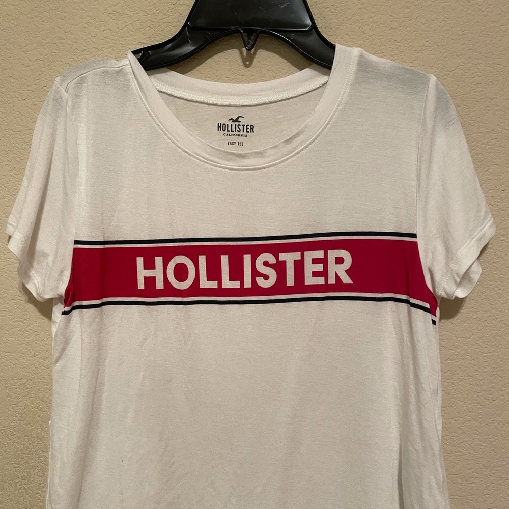 Hollister white shirt with red Hollister name